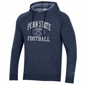 navy hooded sweatshirt with screened distressed Penn State Football, Athletic Logo, and football graphic
